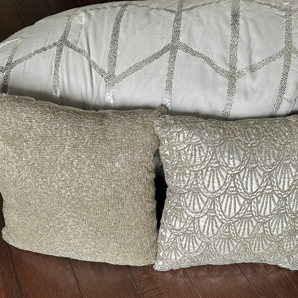 Queen Size Silver Comforter 2 Sequin Throw Pillows & 2 standard shams